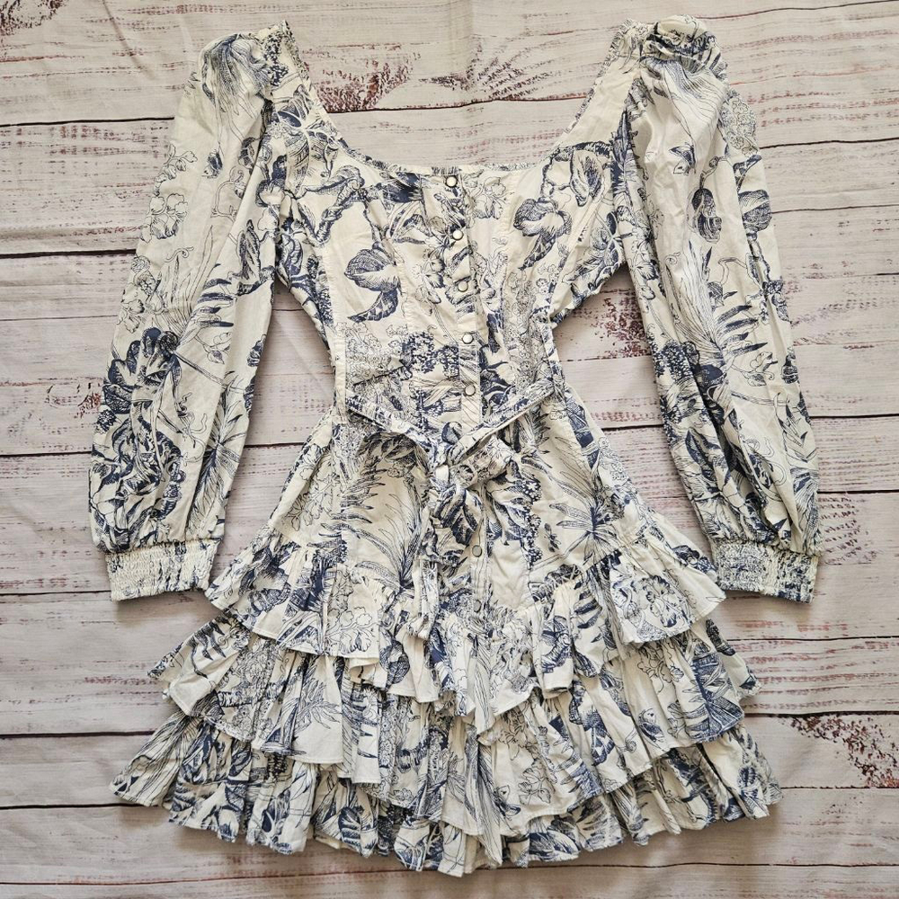 Floral Print Long Sleeve Ruffle Mini Dress – White & Blue
